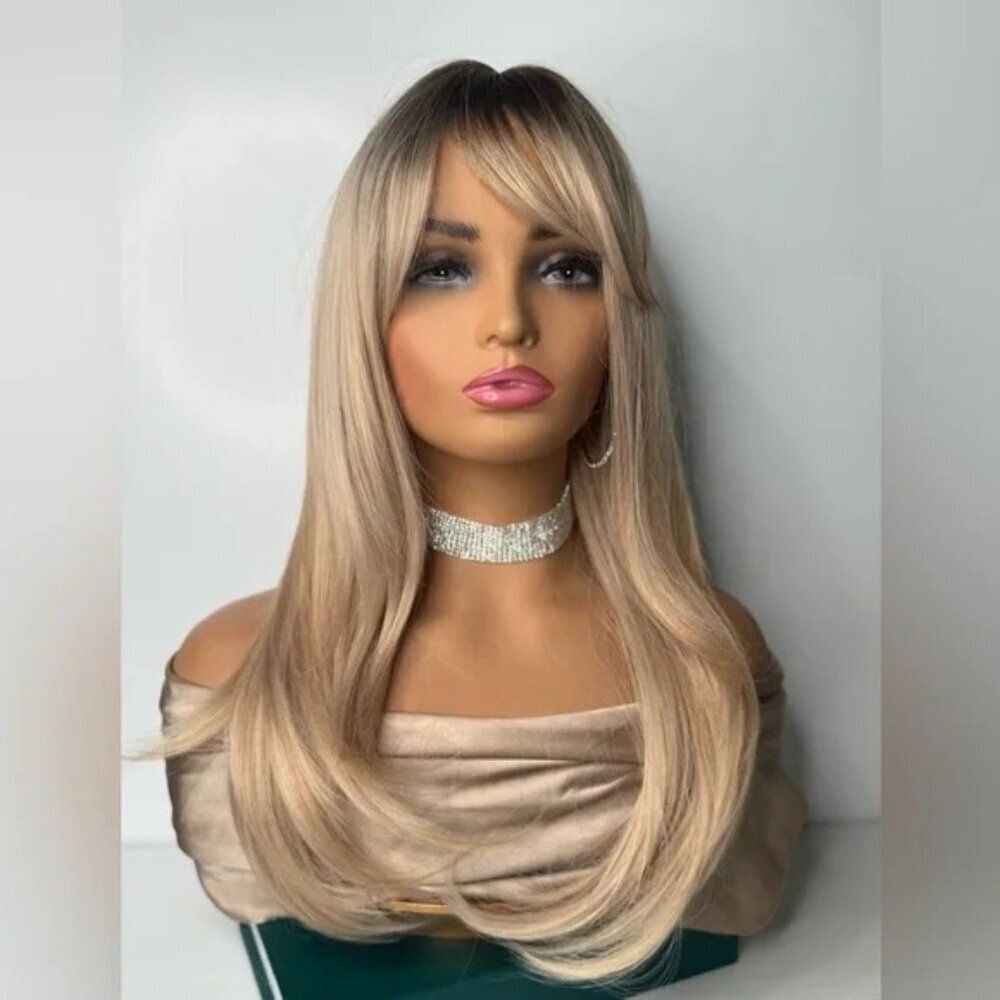 Beautiful 24 Inch Straight Blonde Layered hair Wig With Curtain Bangs Dark Roots - Picture 2 of 9